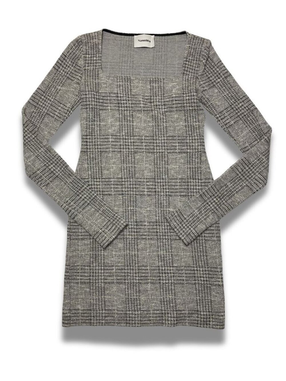 Nanushka Plaid Knit Mini Dress Square Neck Long Sleeve Bodycon Size XS